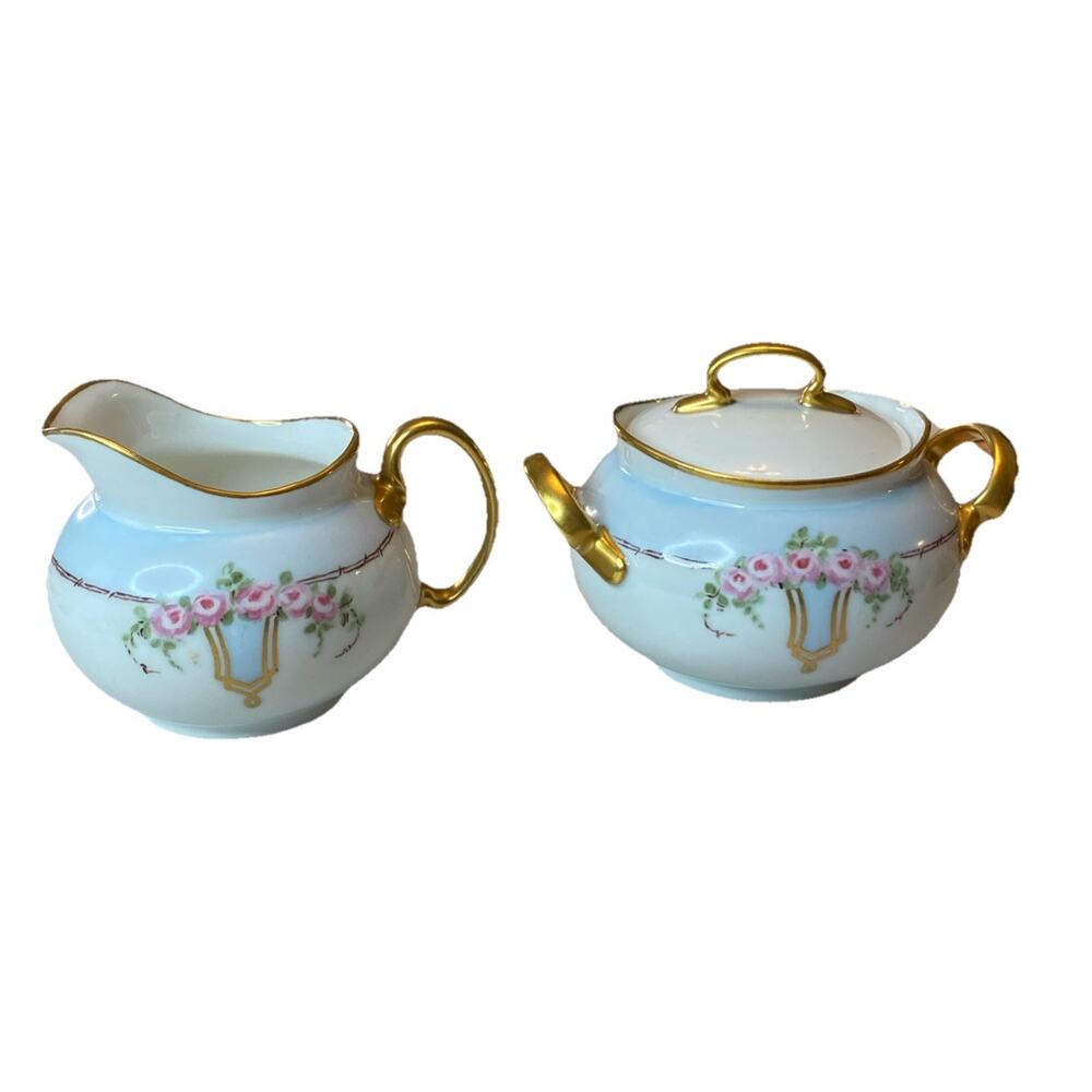 Sugar Bowl & Creamer Hutschenreuther LHS Favorite Bavaria Louise Floral Gold Vtg